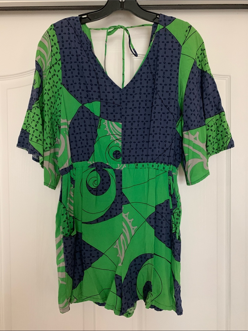 Manuhealii Green and Navy Abstract V-Neck Romper